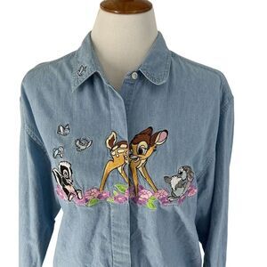 Disney Bambi Women's Blue Denim Floral Embroidered Button-Up Shirt L